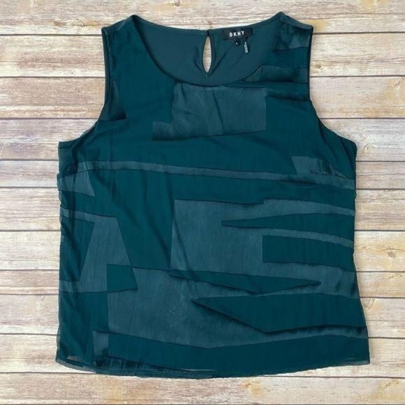DKNY Dark Green Geo Sheer Overlay Sleeveless Top - Picture 1 of 12